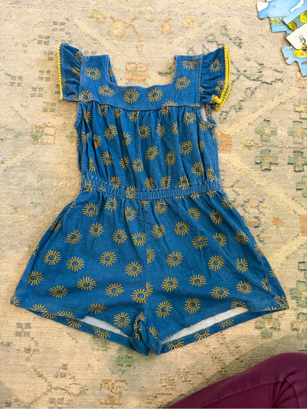 Harper Blue Sun Print Short Romper with Yellow Trim